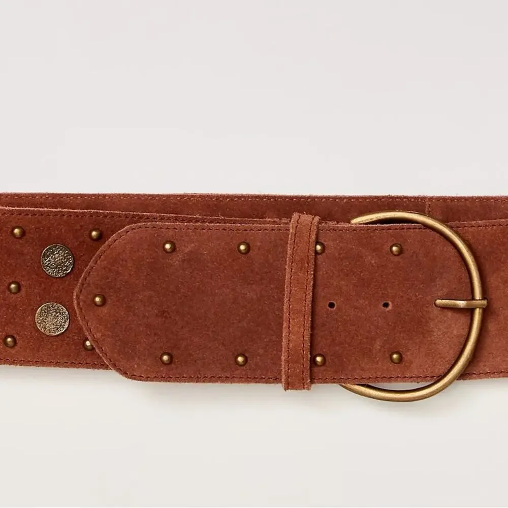 Free People Bohemian Brown Leather Suede Studded Honeydew Hip Belt Medium Large